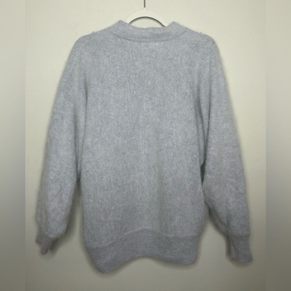 Vintage Pastel Blue Angora Rabbit Hair Lamb Wool Pearl Beaded Cardigan Sweater L - Picture 7 of 10